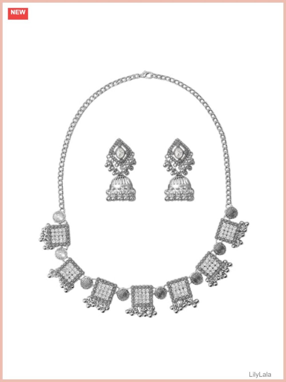 Silver Plated CZ Jhumki Earrings Choker Necklace Set for Women